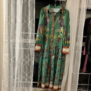 Vibrant Green Bird Print Long Sleeve Dress